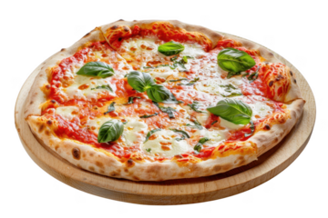 A delicious Margherita pizza served on a wood-fired pizza stone. The pizza features a golden crust, fresh basil leaves, tomato slices cut out transparent isolated on white background PNG
