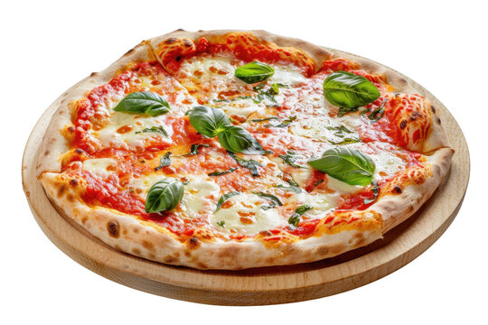 A delicious Margherita pizza served on a wood-fired pizza stone. The pizza features a golden crust, fresh basil leaves, tomato slices cut out transparent isolated on white background PNG