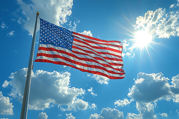 A vivid, high-resolution image of the American flag, fluttering proudly with its iconic red, white, and blue stripes and stars, symbolizing patriotism and national pride