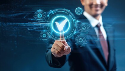 Businessman touching standard quality control certification assurance guarantee for automation process. Quality management with Quality Assurance, Quality Control, Standardization, health insurance,