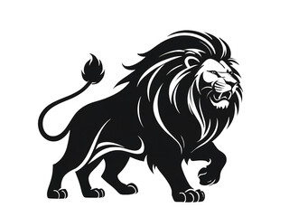 Lion roaring in a majestic pose, black silhouette logo icon, isolated transparent background.