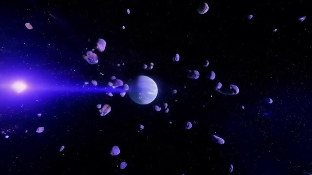 A stunning cosmic view with asteroids and a central planet, showcasing vibrant colors and dynamic motion through space