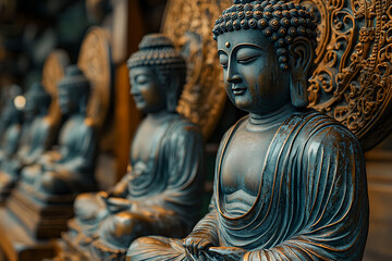 Fototapeta premium Buddha statues with the Dharma Wheel symbolize the Buddha's teachings, the cycle of birth and rebirth, and the path to enlightenment, representing the cosmic law and order in Buddhism