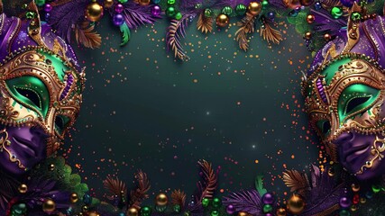 Mardi Gras carnival mask with green, purple and gold colors. Mardi Gras carnival background with a decorative mask. Mardi Gras carnival mask with colorful feathers on dark background. Copy space area 