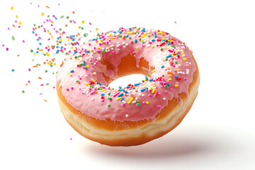 Donut with colorful decor Isolated on white background. donuts falling down over a solid color background .Sprinkled Donut with a White Background 