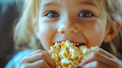 Naklejka premium a child eats popcorn. Selective focus