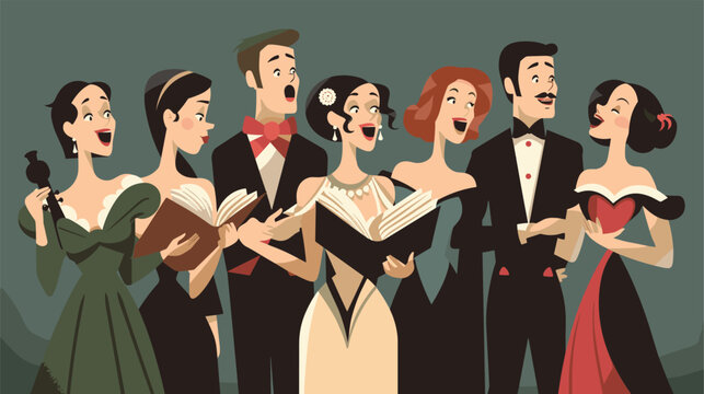 Group men women choir singers holding singing books performance formal attire diverse ethnicities. Vocalists concert dressed elegant outfits reading scores laughing joyful moments. Cartoon style