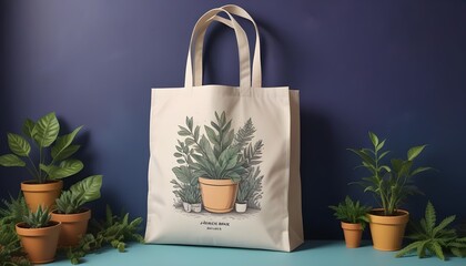 A white tote bag with a hand-drawn design featuring a potted plant and the words "Garden Oasis" printed on it. The bag is surrounded by small potted plants on a blue surface.