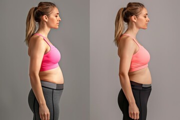 A woman in a pink tank top and gray pants is shown in two different pictures
