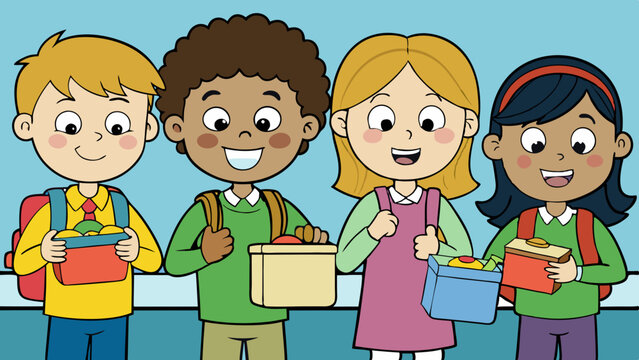 Kids With Lunch Box Vector Illustration