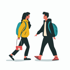 Man, woman, casual clothing walking, backpacks, animate people, isolated background, conversational expressions, school, vibrant colors, red shoes hand purse illustration Conversation public