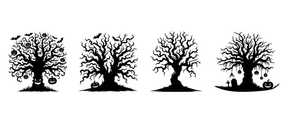 Halloween tree silhouette black filled vector Illustration icon