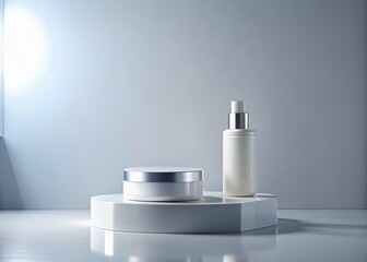Elegant white pedestal display showcasing a premium cosmetic product on a minimalist desk against a clean, gradient background with ample negative space.
