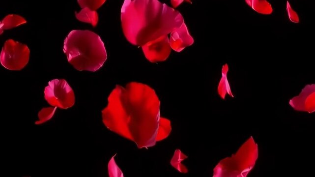 Red petals fall gracefully against a dark background, creating a serene and visually appealing atmosphere enhanced by slow motion techniques