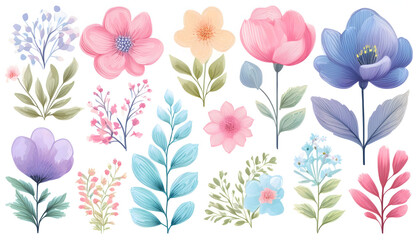 set of watercolor pastel flower decoration on wedding table with flowers 