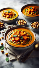 bowls of sweet potato curry soup with roasted chick peas on top, on a marble background