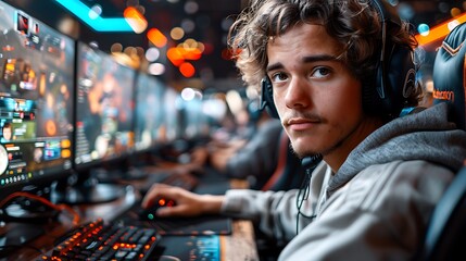 Obraz premium A competitive e-sports environment with a male gamer, holding a game controller and speaking into a professional microphone.
