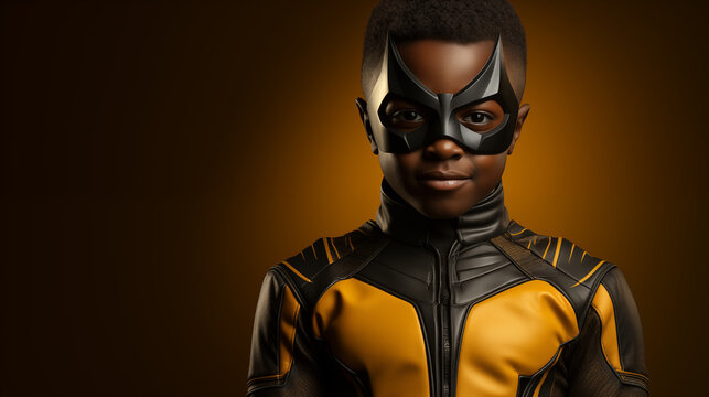 Black 10 year old boy in superhero wear. Winner child, cool mood. Portrait with dark yellow background. Copy space. Advertising banner. Photo generated by AI technology