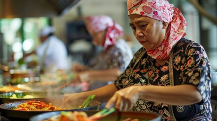 Local women prepare traditional dishes in a vibrant kitchen, showcasing culinary skills and cultural heritage