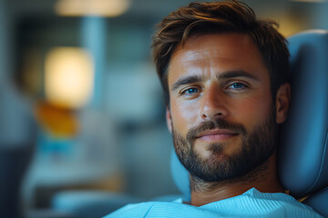 A man in the dentist's chair displays a fantastic smile, showcasing beautiful, white, straight teeth, highlighting the results of successful dental care and treatment