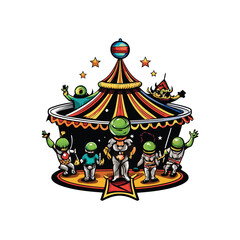 Illustration of a group of aliens performing under a big top circus tent.