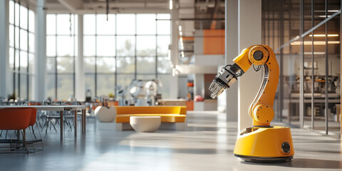 Engineering Hub: An open space with minimalist furniture and modern robotic prototypes