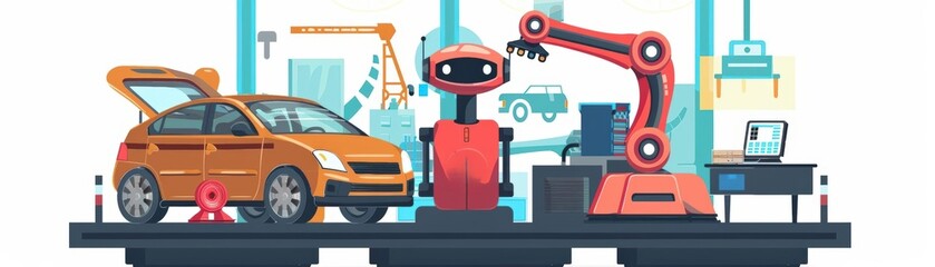 A cute cartoon of a robot managing a futuristic animal shelter