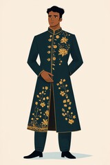 Minimalism illustration, a South Asian man, wearing an elegant dark teal sherwani with gold embroidery and matching trousers, high fashion, flat illustration on soft tan background