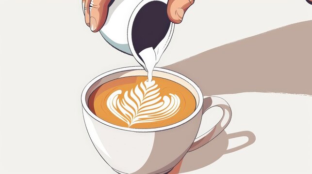 A cute cartoon Style ofA close-up of a barista making a latte, with detailed latte art on top