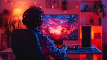 A cozy nighttime streaming setup with a gamer engrossed in the game, surrounded by the soft glow of monitors and vibrant RGB lighting.
