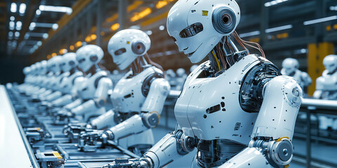 Fototapeta premium Robotic Assembly Line: A series of robots working together on a factory floor, building parts