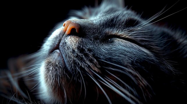Close-up of a cat's face in a serene state with focus on its whiskers and nose. Ideal for pet-related content, serene themes, or peaceful moments. The image has a dark background and soft lighting. AI