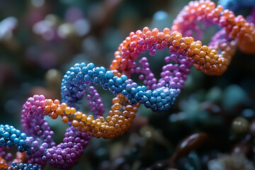 Fototapeta premium A close-up of a vibrant, colorful DNA helix structure, showcasing intricate molecular details against a dark, blurred background 