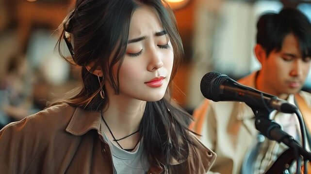 A handsome Asian woman is singing on an acoustic guitar as a man is on an electric keyboard. 
