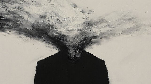 This artwork features a striking abstract image of a person with their head dissipating into swirling black and white strokes, evoking feelings of confusion or a loss of identity.