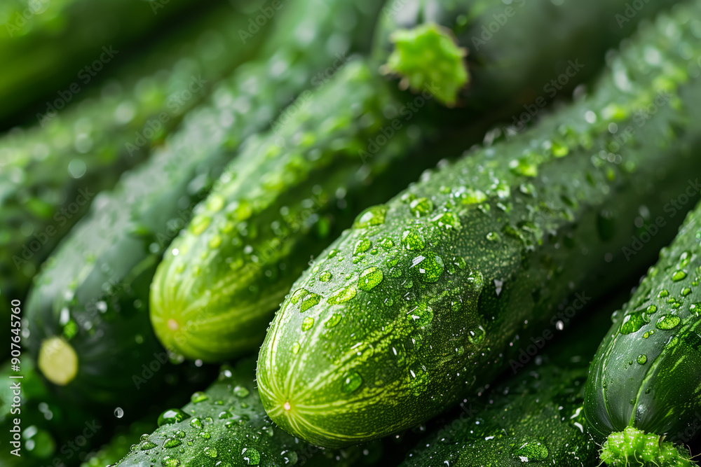 Wall mural closeup of fresh green cucumbers with water droplets