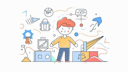 A Cute cartoon-style innovator experimenting with AI tools in a digital sandbox, depicted in a playful and energetic setting