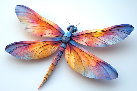 A detailed origami dragonfly sculpture featuring an intricate geometric design, showcasing delicate craftsmanship and transparent wings.
