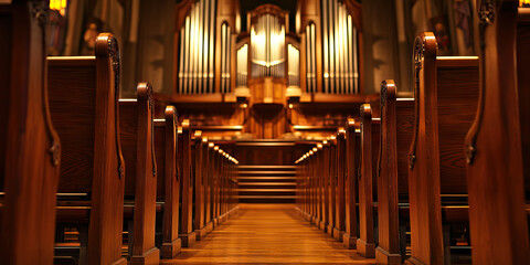 Harmonious Choir: A row of empty choir stalls, facing a grand organ in a serene church