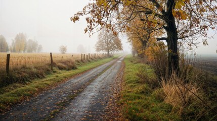 Fototapeta premium Countryside Road in Autumn Fog with Trees and Fields