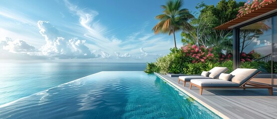 Obraz premium Sunbathing on a stylish lounge chair beside an infinity pool with ocean backdrop