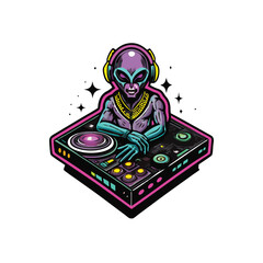 A stylized illustration of an alien DJ mixing beats in a cosmic dance club.