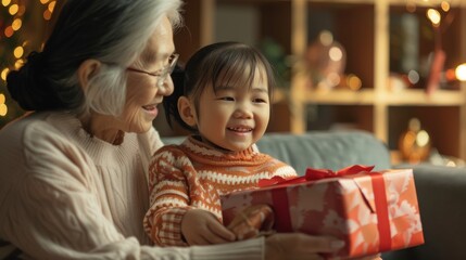 A joyful grandmother presents a beautifully wrapped gift to her delighted granddaughter during the holidays