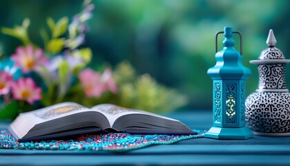 A closeup of a prayer rug and open Quran with Ramadanthemed decorations around it, highlighting the focus on prayer and reflection during the month