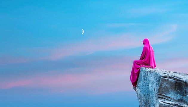A contemplative image of a person observing the sky at dusk, waiting for maghrib and the moment to break their fast, emphasizing the timing and patience involved