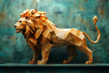 A detailed origami lion sculpture featuring a geometric design, showcasing intricate craftsmanship and vibrant orange tones