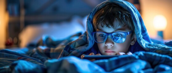 Fototapeta premium Small boy wearing glasses watching a tablet under a blanket. Free copy space for banner.
