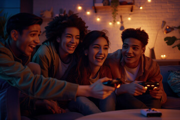 Fototapeta premium Friends Playing Video Games in a Cozy Living Room