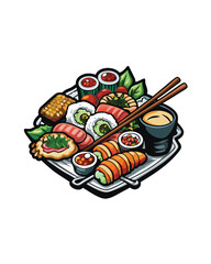 A vibrant illustration of a platter of assorted sushi, sashimi, and maki, featuring a bowl of soy sauce, chopsticks, and a sprig of green herbs.