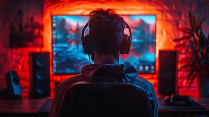 A gamer enjoying a late-night gaming session in a cozy den, with a large monitor, a comfortable gaming chair, and a microphone for streaming.